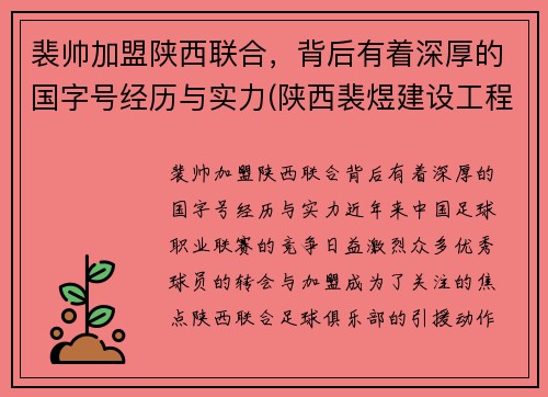 裴帅加盟陕西联合，背后有着深厚的国字号经历与实力(陕西裴煜建设工程有限公司)