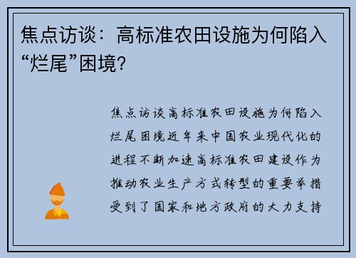 焦点访谈：高标准农田设施为何陷入“烂尾”困境？