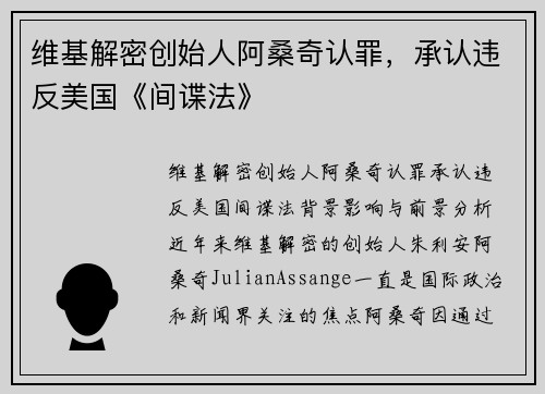 维基解密创始人阿桑奇认罪，承认违反美国《间谍法》