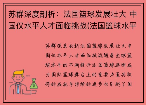 苏群深度剖析：法国篮球发展壮大 中国仅水平人才面临挑战(法国篮球水平怎么样)