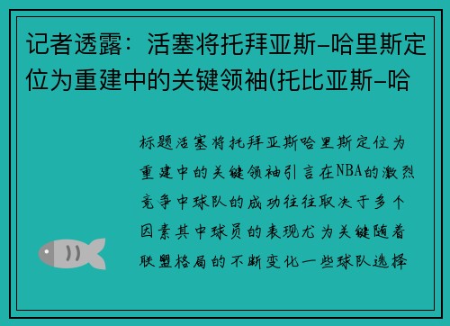 记者透露：活塞将托拜亚斯-哈里斯定位为重建中的关键领袖(托比亚斯-哈里斯集锦)
