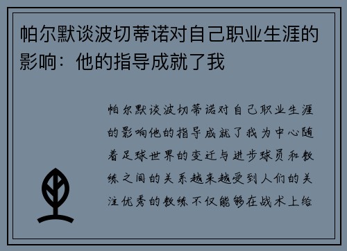 帕尔默谈波切蒂诺对自己职业生涯的影响：他的指导成就了我
