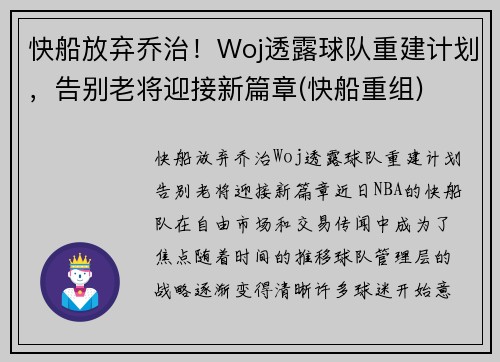 快船放弃乔治！Woj透露球队重建计划，告别老将迎接新篇章(快船重组)