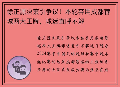 徐正源决策引争议！本轮弃用成都蓉城两大王牌，球迷直呼不解